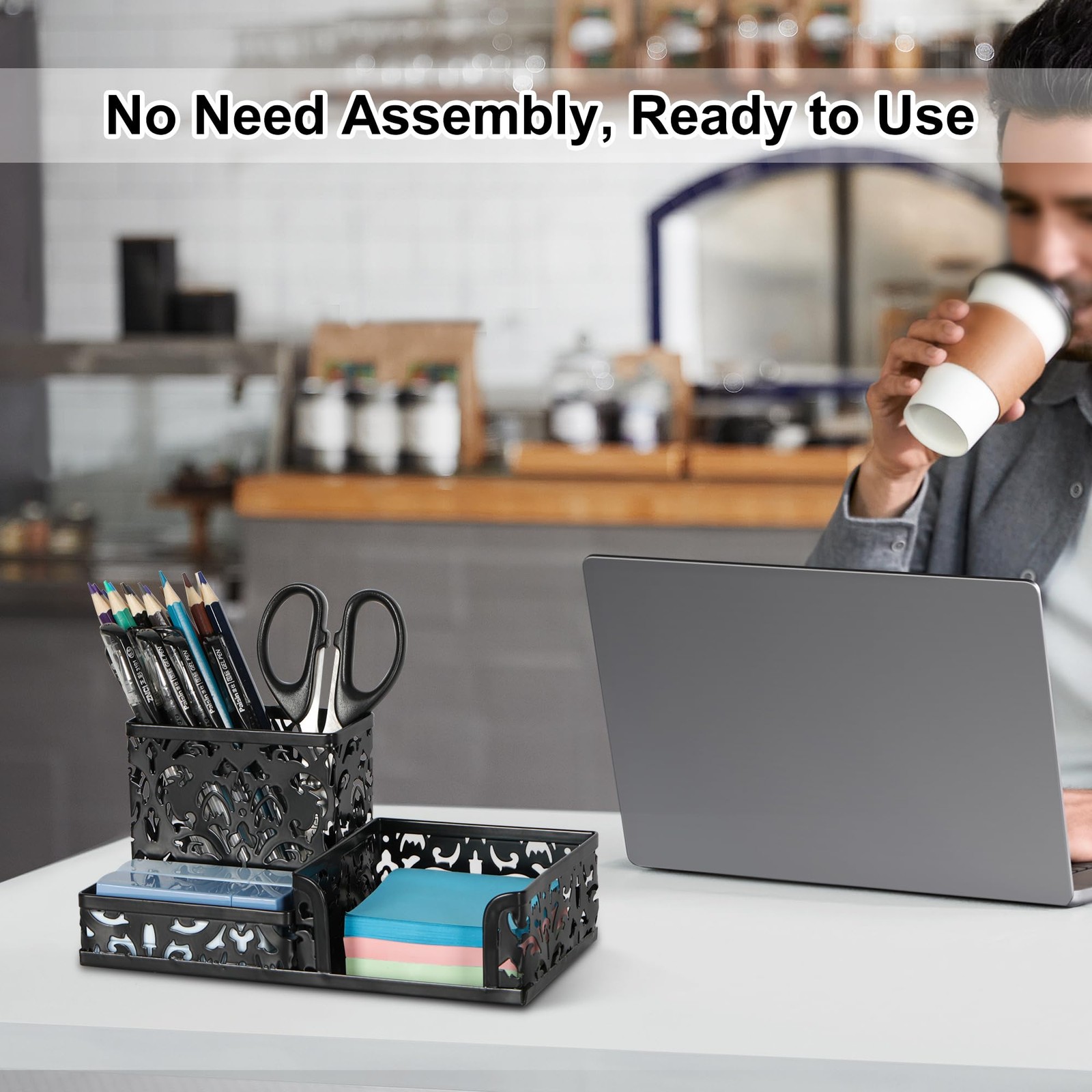 Desk Organizer with 3 Compartments for Pens Sticky Notes Office Supplies