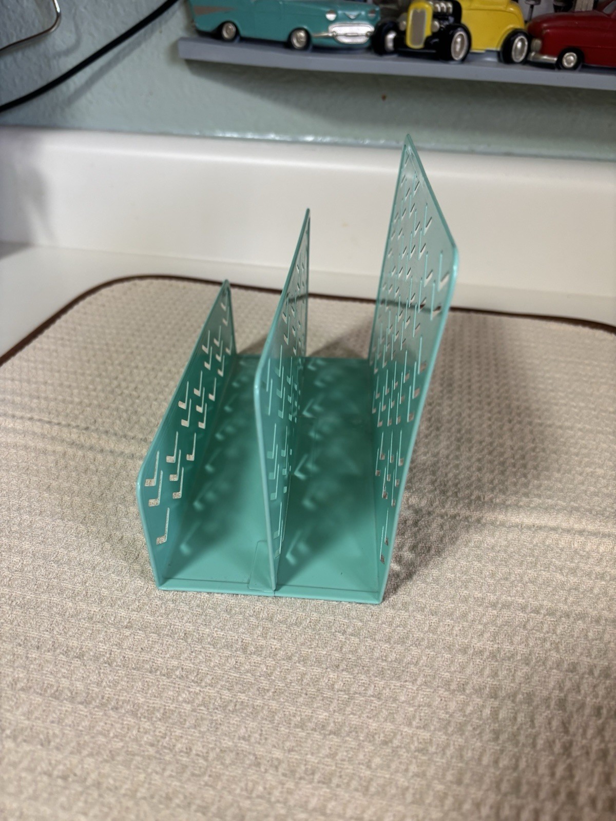 Aqua/Teal Metal Desktop Organizer 3-Slot Letter Mail Paper Holder Chevron