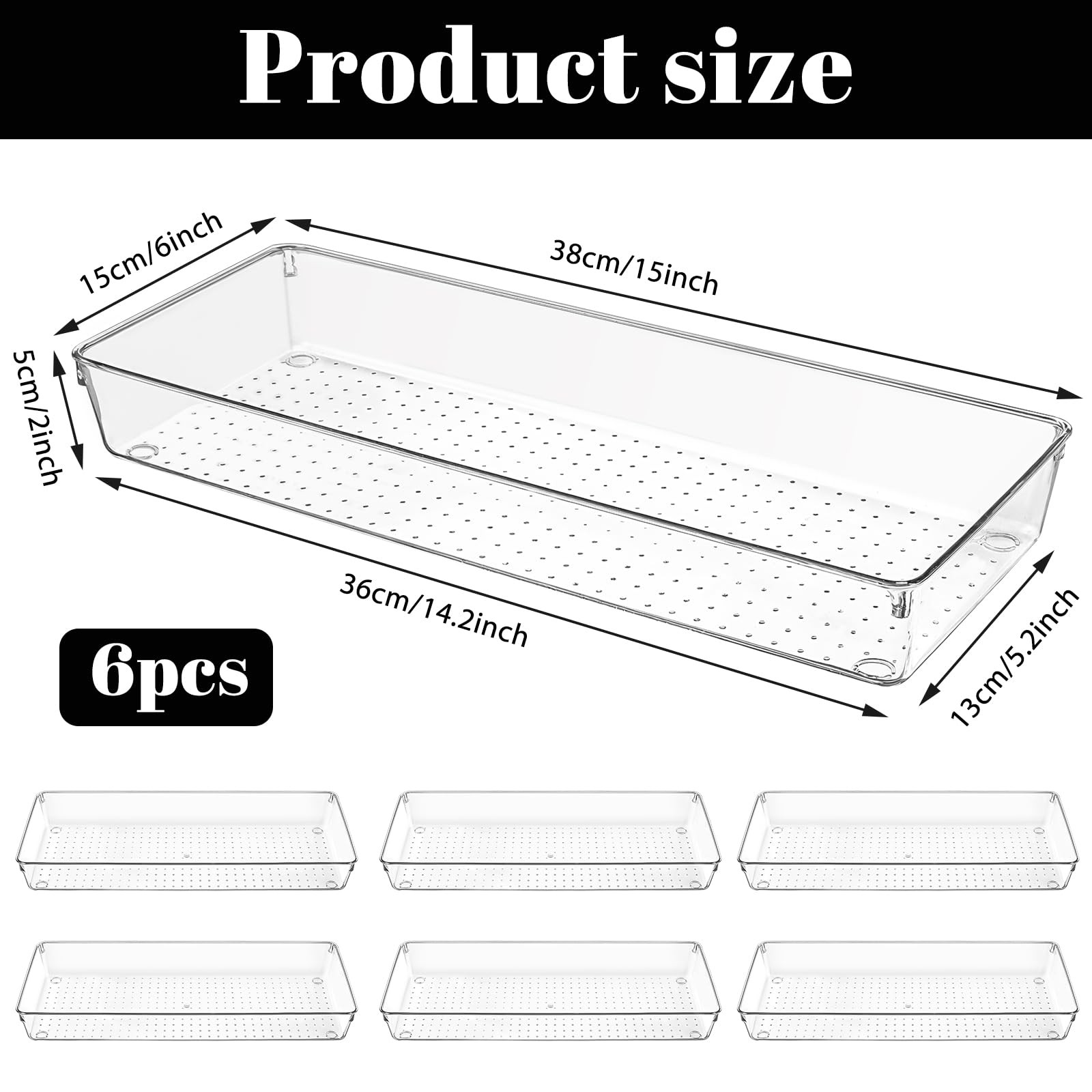 6 Pack Clear Drawer Organizer Trays 15 x 6 x 2 Inch Large Size Clear Plastic …