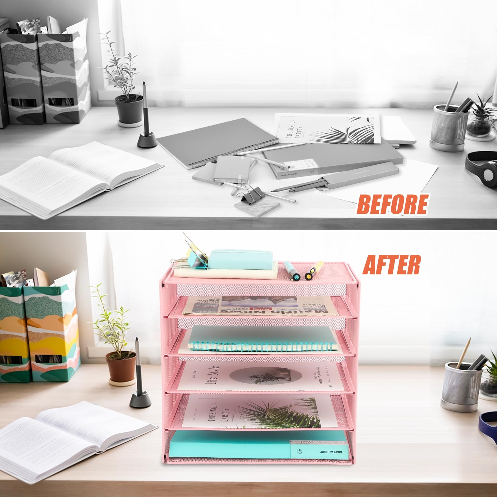 5 Slot Mesh Desk Organizer Tray, File Paper Letter Folder Holder Desktop Pape…