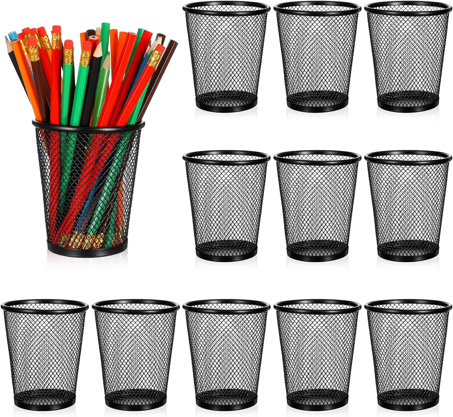 24 Pack Mesh Pencil Holder Wire Mesh Pen Cup, Black Pen Holder for Desk Metal Pe