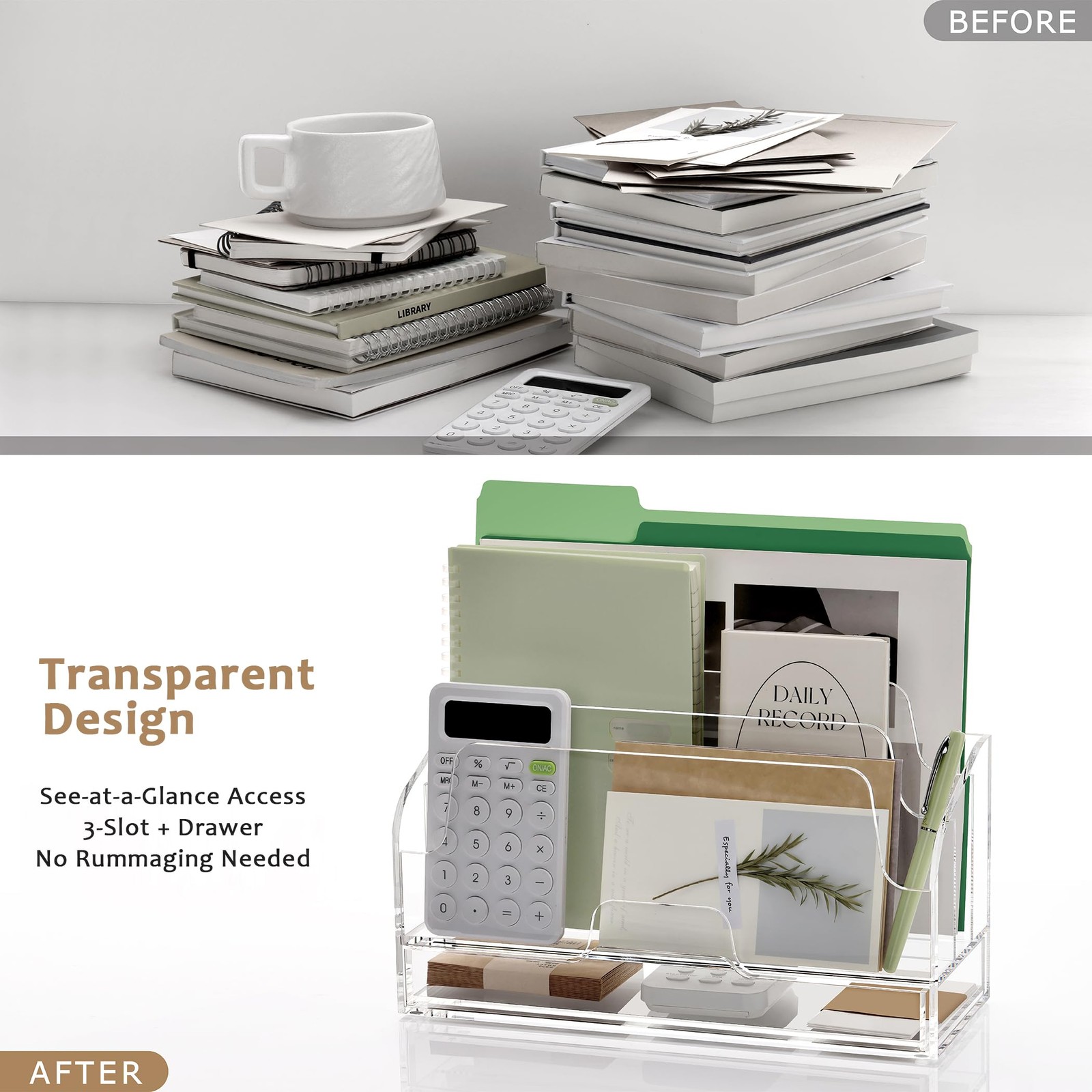 YUXUN Acrylic Mail Organizer for Desk – Transparent 3-Compartment
