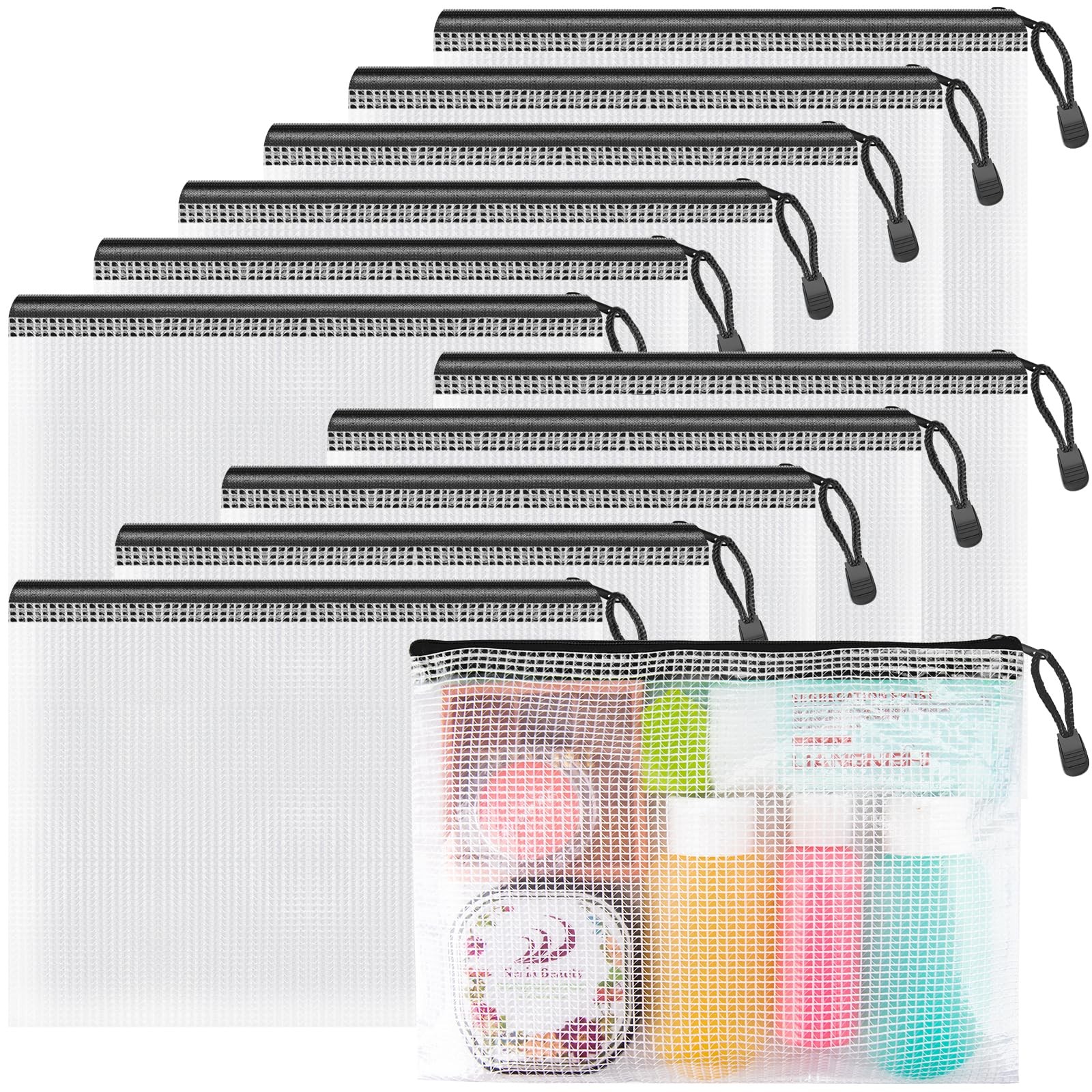 Small Zipper Pouch, 9.5×7.1 in (Black, 12 Packs), Mesh Bags with Zipper for O…