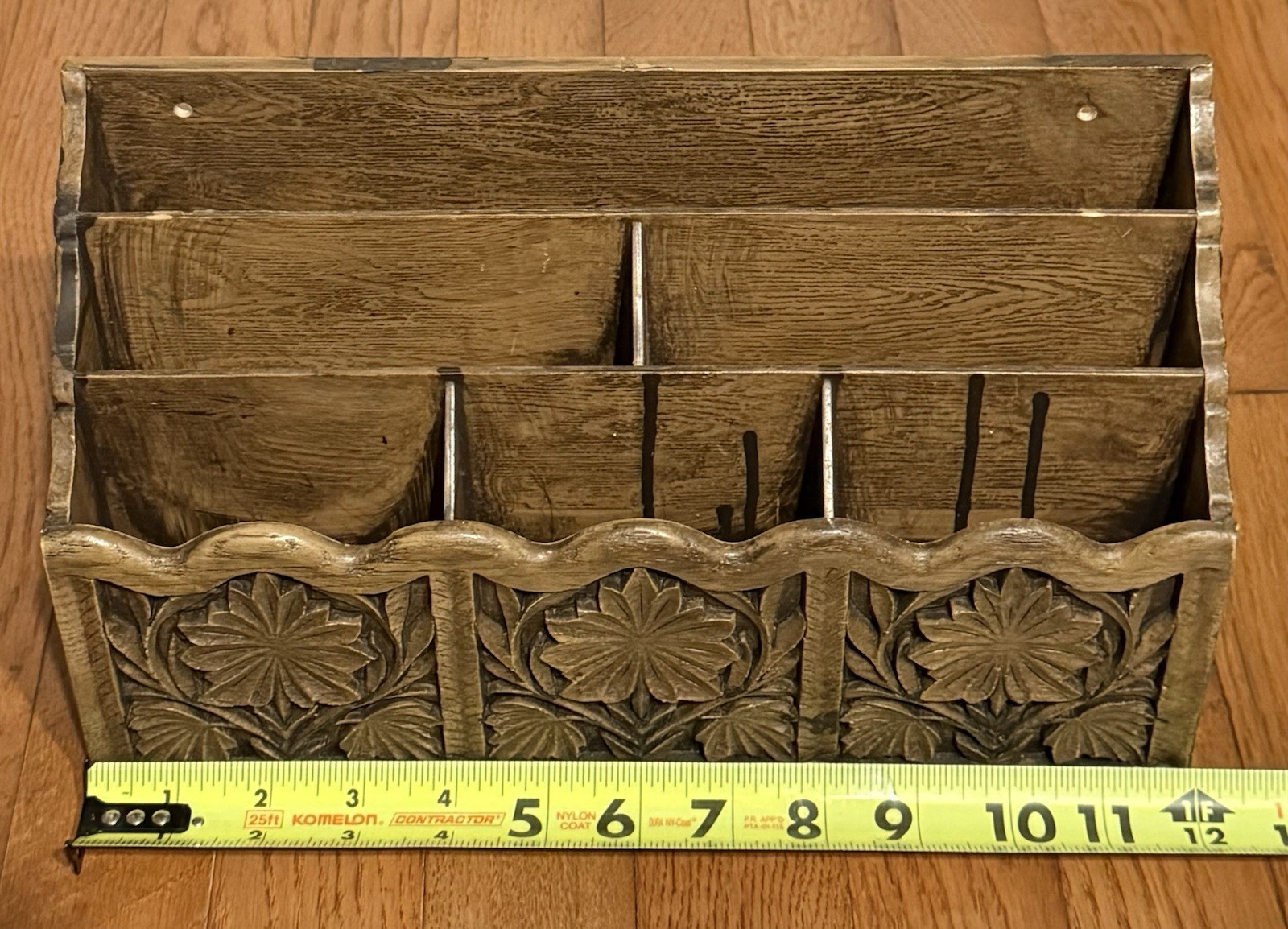 Vintage Lerner Desk Organizer Sorter Caddy Faux Carved Wood Mail Bills Utensils