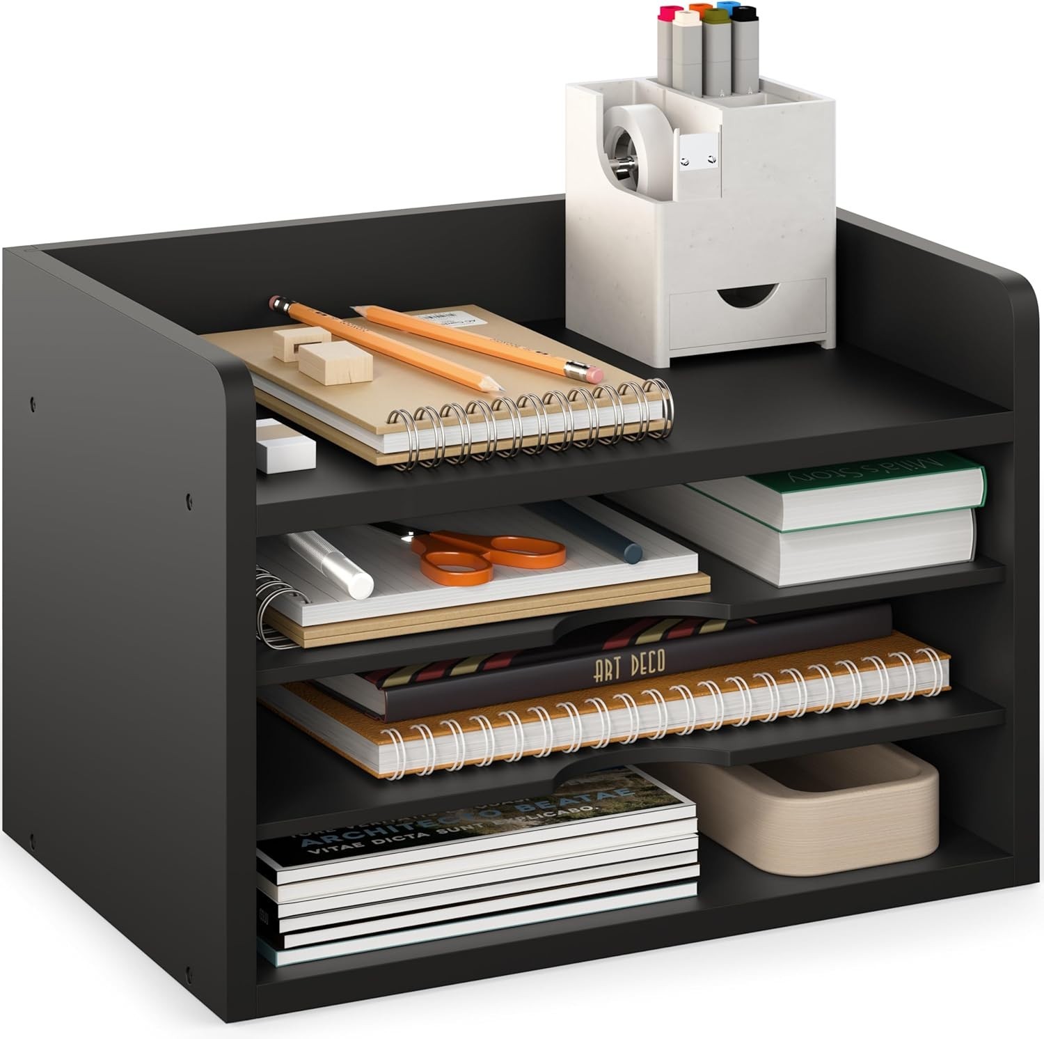4-Tier Modern Black Desk Organizer – Open Top Paper Tray for Stylish Offices