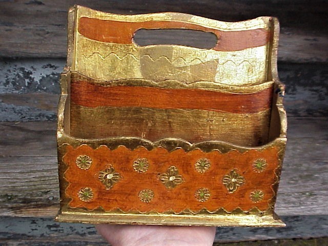 ORNATE Florentine Firenze Italy Brown Gilt Wood Toleware DESK ORGANIZER CARRYALL