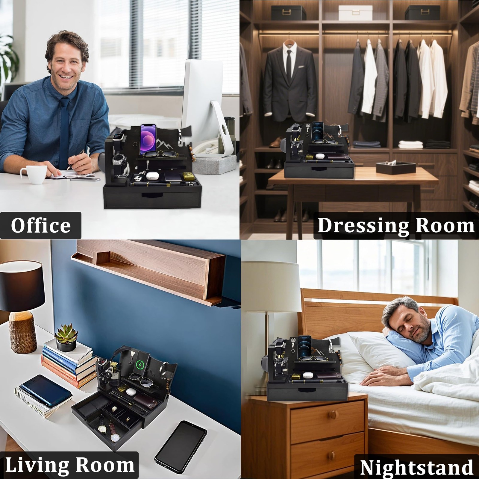 KWYADLUO Nightstand Organizer for Men with Large Drawer, Wood Phone Black