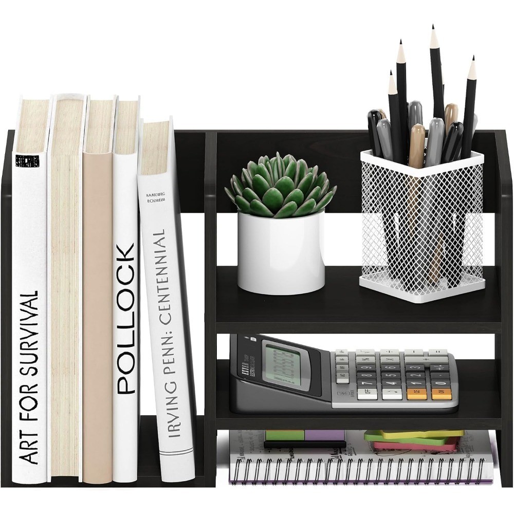 Hermite Wood Desktop Book and Home Office Supplies Storage Organizer, Espresso