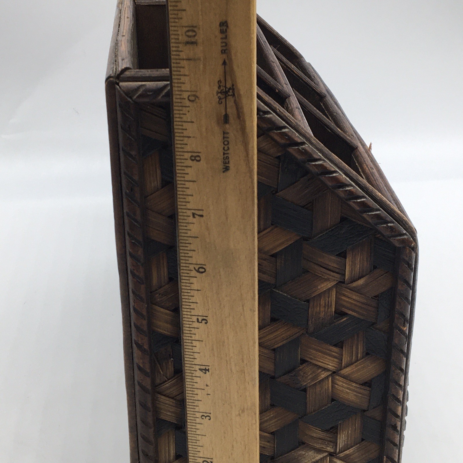 Vtg Wood + Woven Bamboo Desk Organizer Divider 2 Drawers Letter Holder Utensils