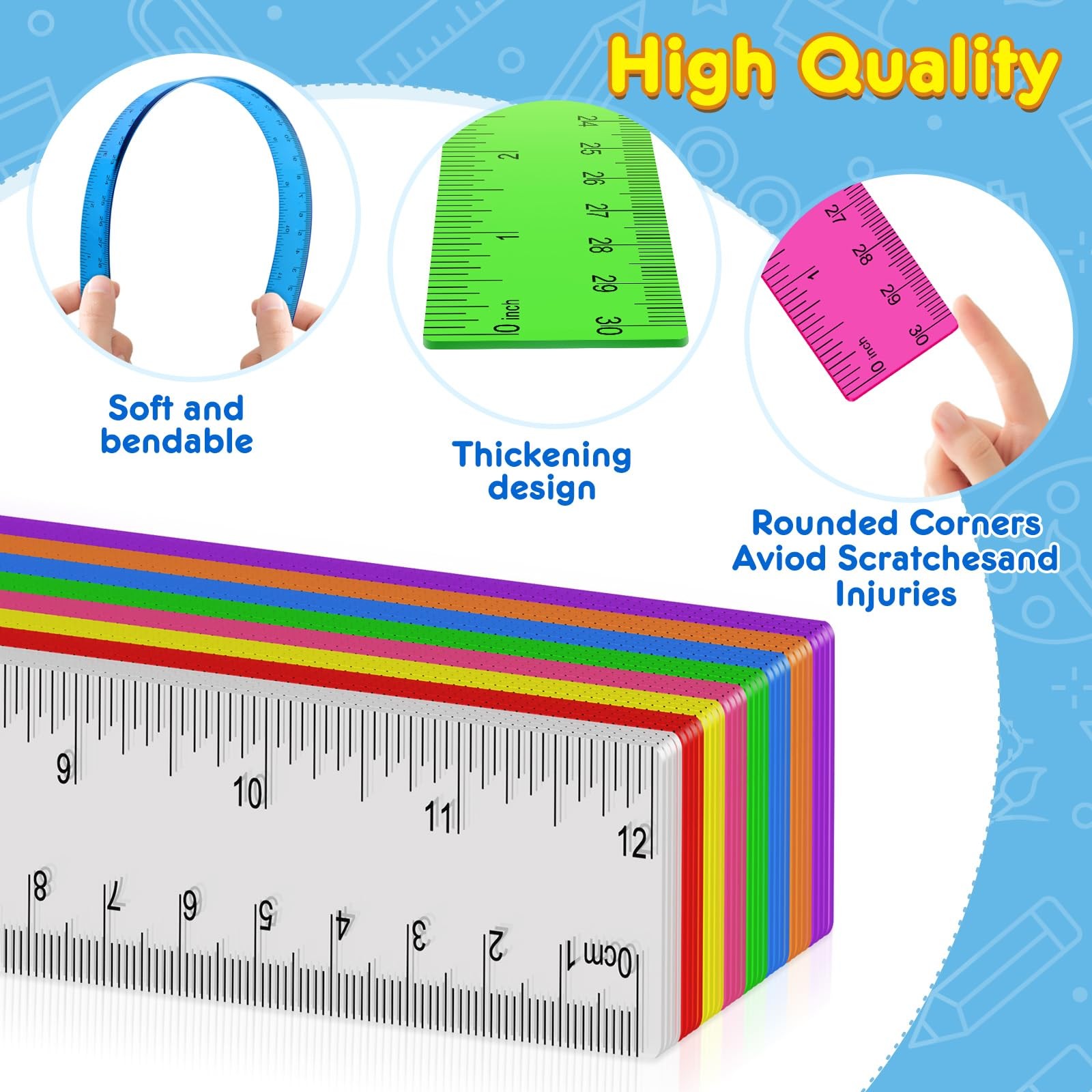 32 Pcs Clear Plastic Ruler 12 Inch, Rulers Bulk for Classroom, Multicolor