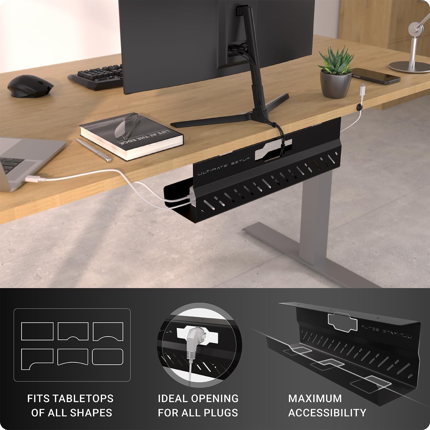 Under Desk Cable Management Tray no Drill – Wire 1 piece set, Black