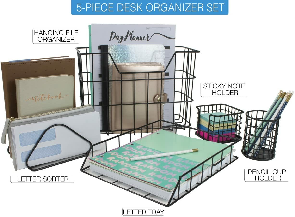 Sorbus 5 in 1 Desk Workspace Organizer Set for Home or Office (Wire Metal Black)