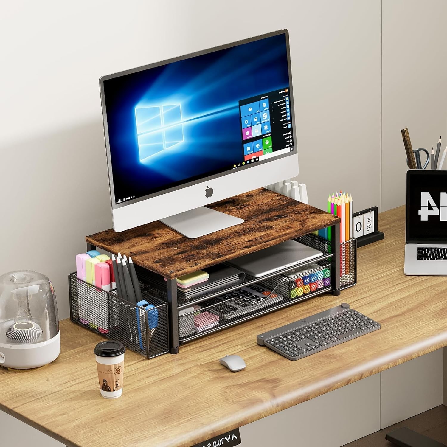 Wood Desk Organizer 2-Tier Computer Monitor Stand Riser Drawer Pen Holders