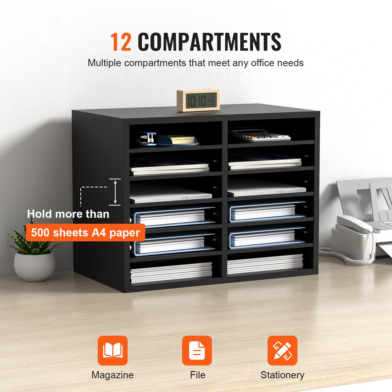 VEVOR Wood Literature Organizer Adjustable File Sorter 12 Compartments Black