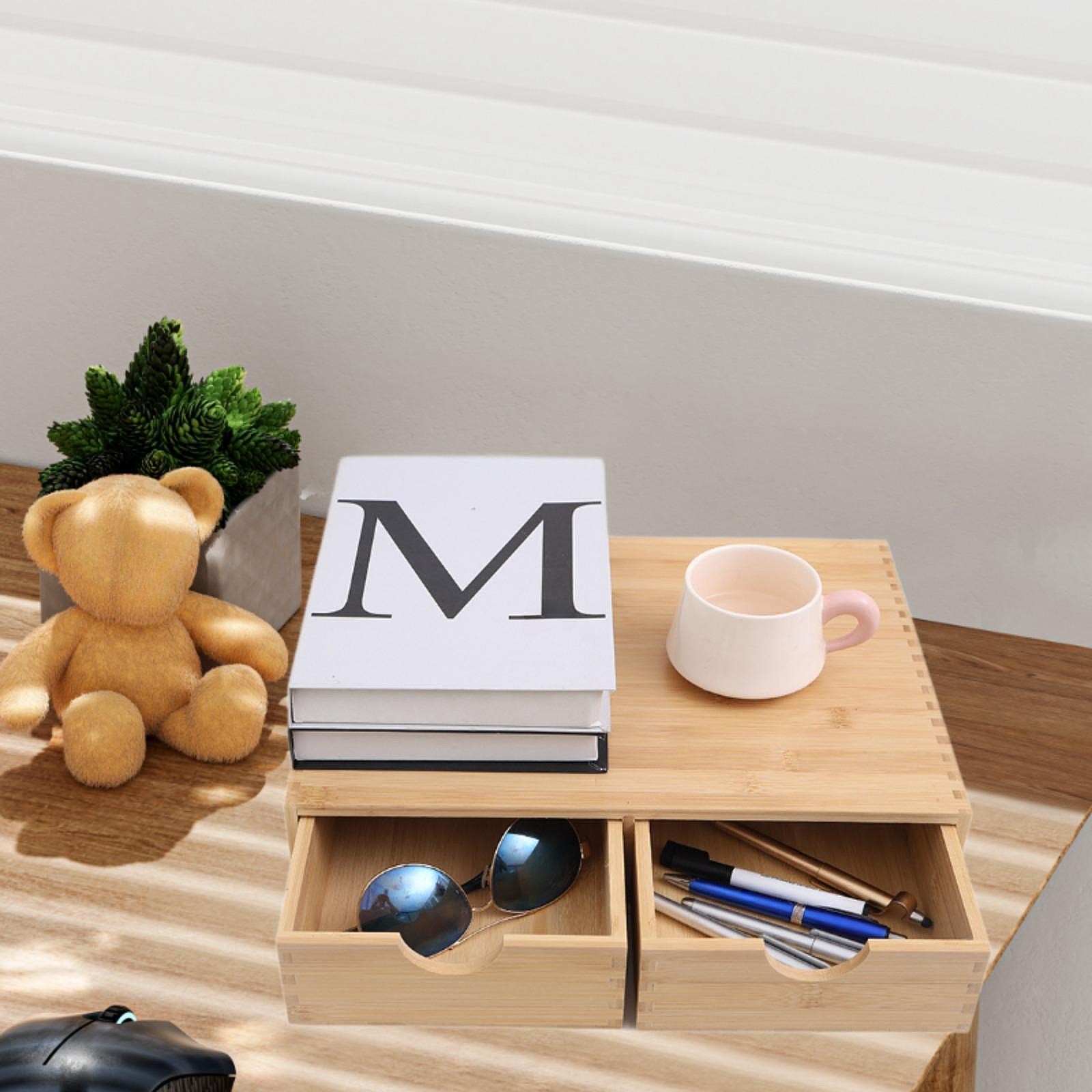 Bamboo Desk Organizer Cup Holder Home Decor No Assembly Required Desktop Drawer