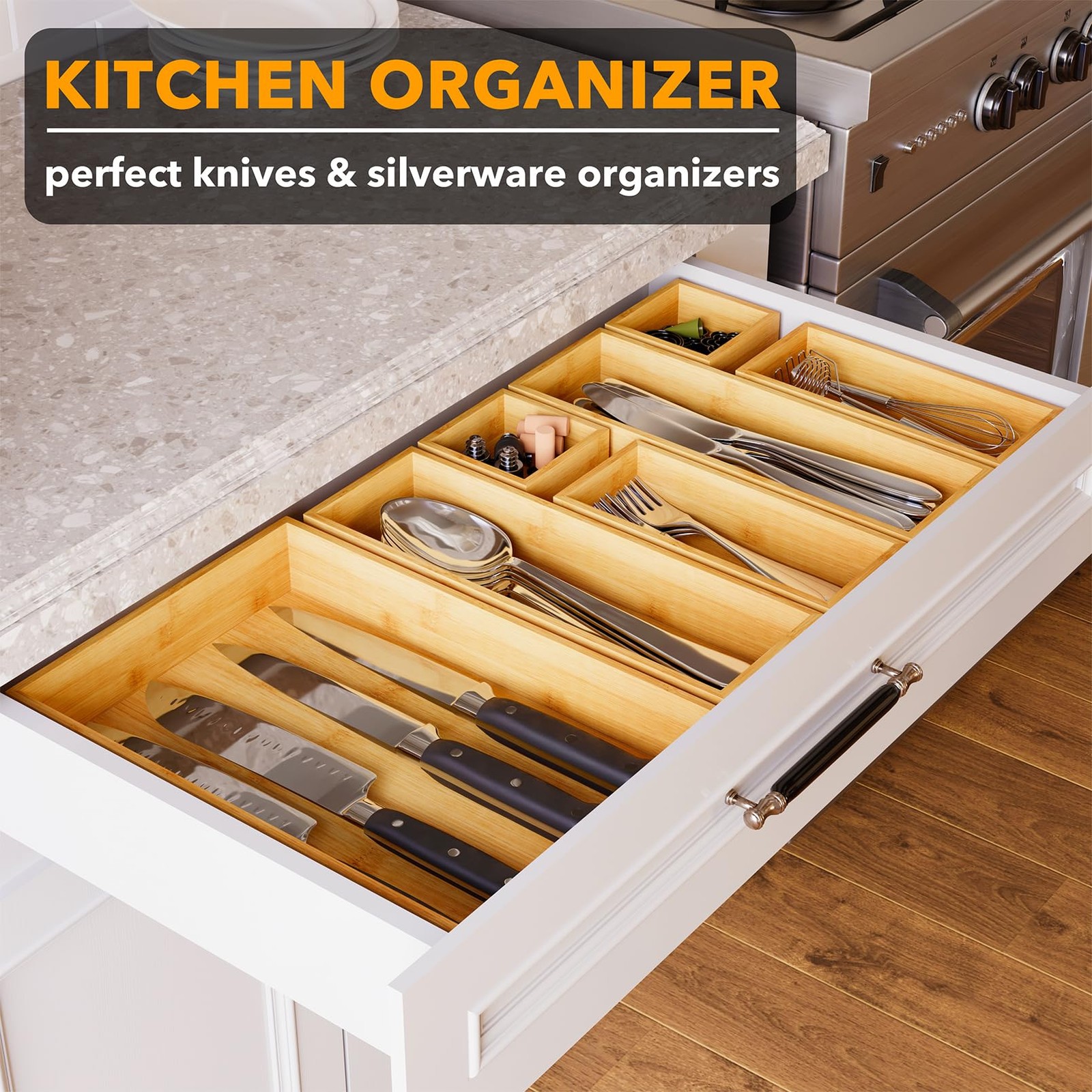 SpaceAid 7-Piece Bamboo Drawer Organizer Storage Boxes Set, 7-Piece, Natural