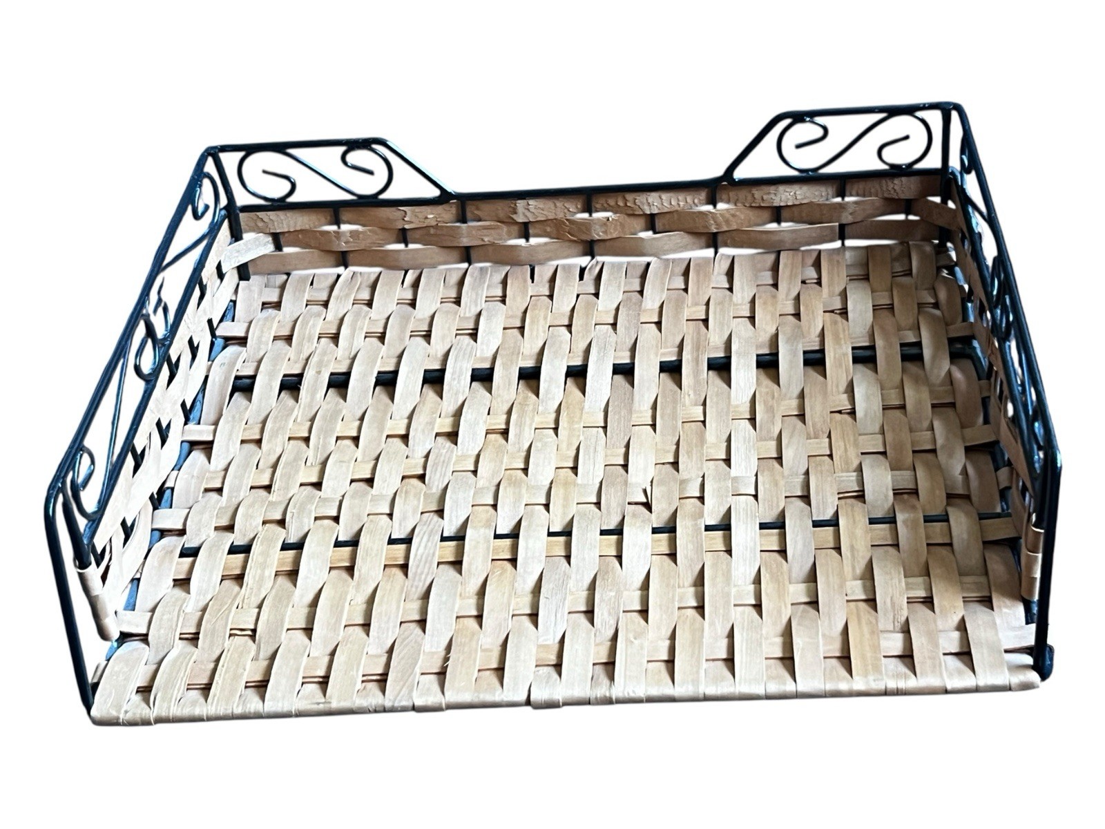 Woven Wicker Metal Desk File Organizer 13”L 11”W 3”T Excellent Used Condition