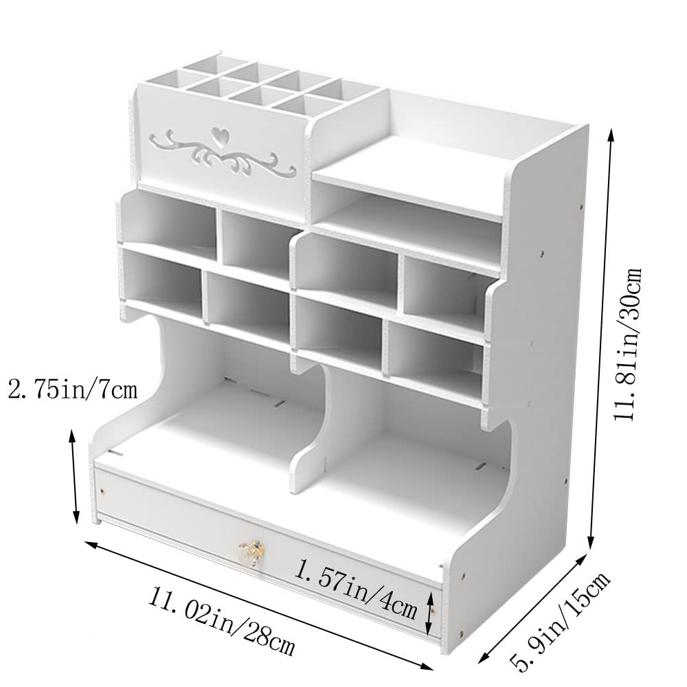 White Pen Organizer with Drawer DIY Pencil Holder Desk Tidy Caddy Office Stat…