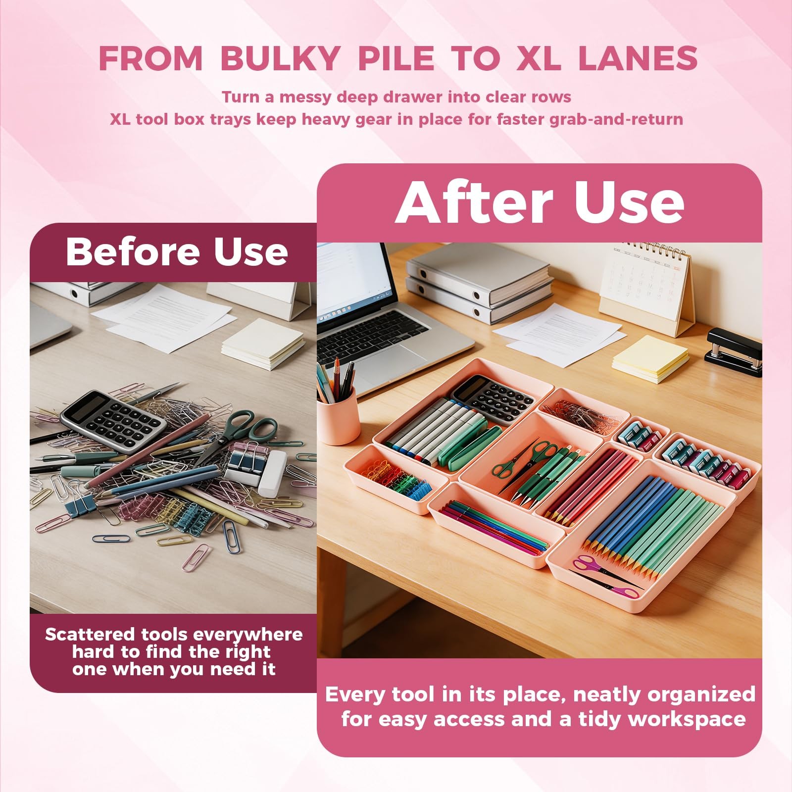 [6 PCS Extra-Large] Pink Drawer Organizer Trays with Non-Slip Pads, Interlock…