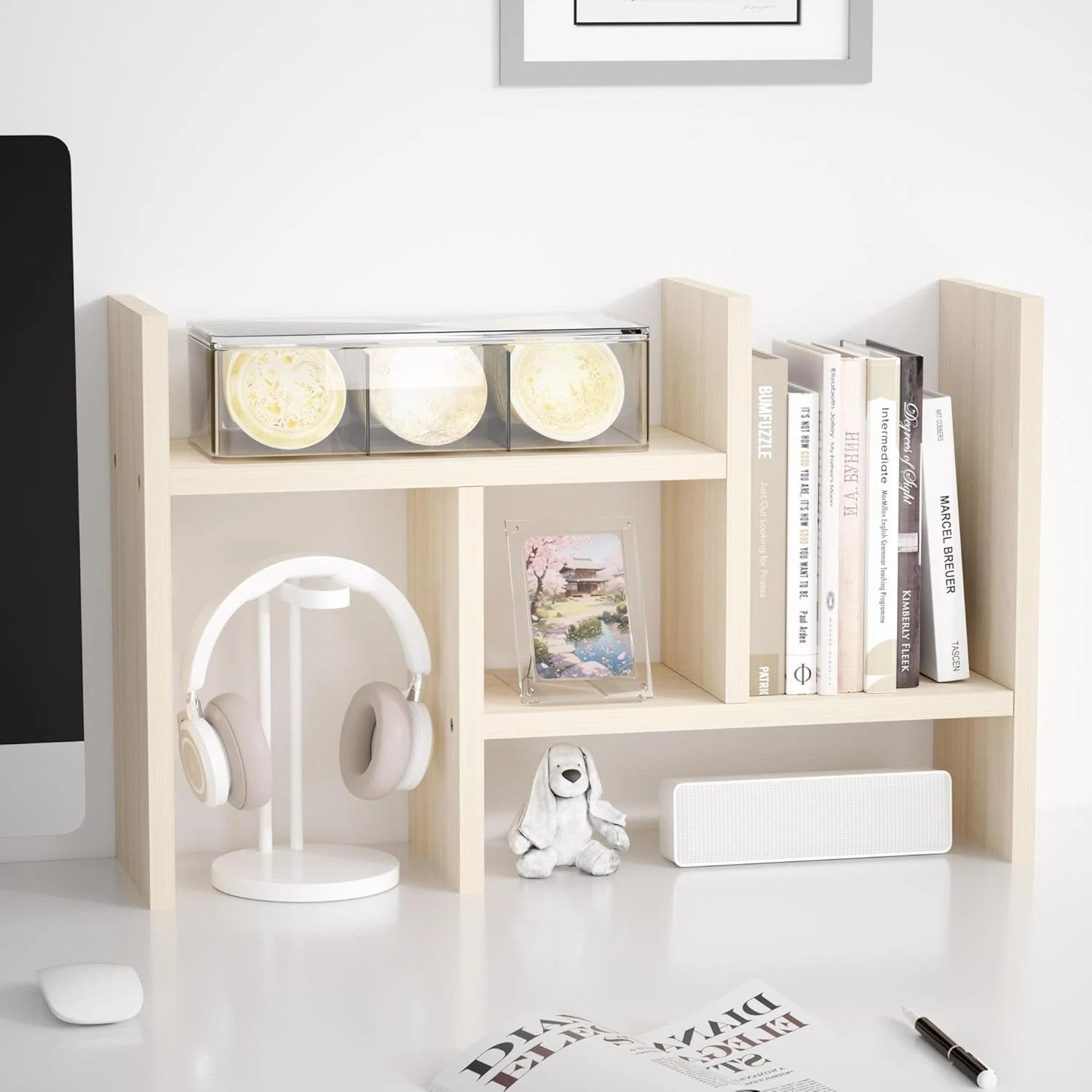 Adjustable Desktop Organizer – Stylish White Wood Mini Bookshelf for Office