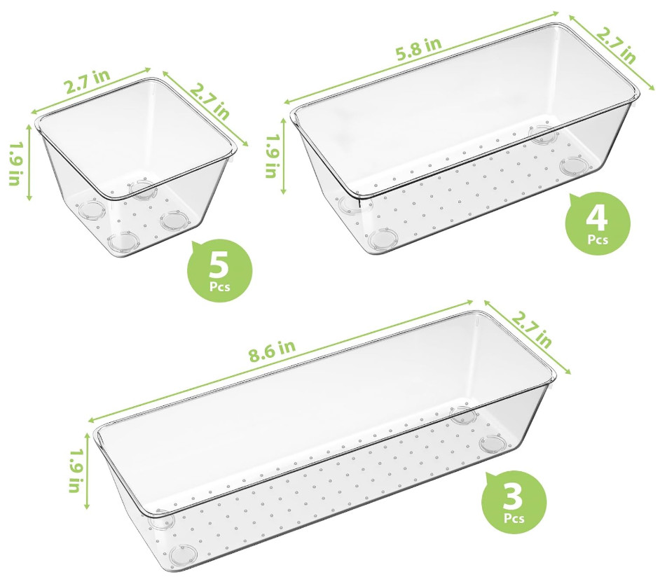 12PCS Clear Drawer Organizer Tray Set Plastic Storage Bins Desk Kitchen Bathroom