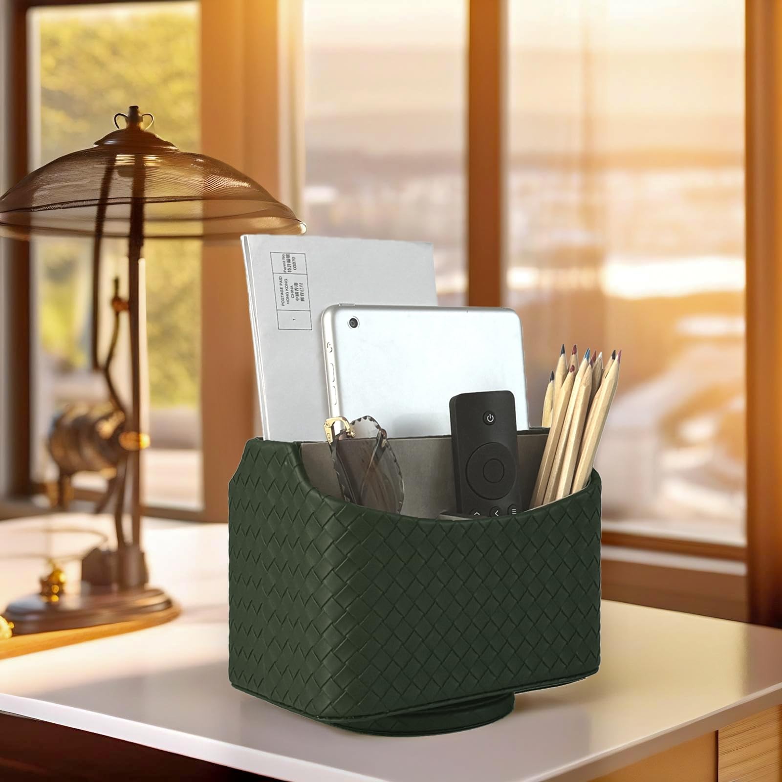 UnionBasic Rotating Desk Organizer, 360 Spinning Caddy, Woven Green