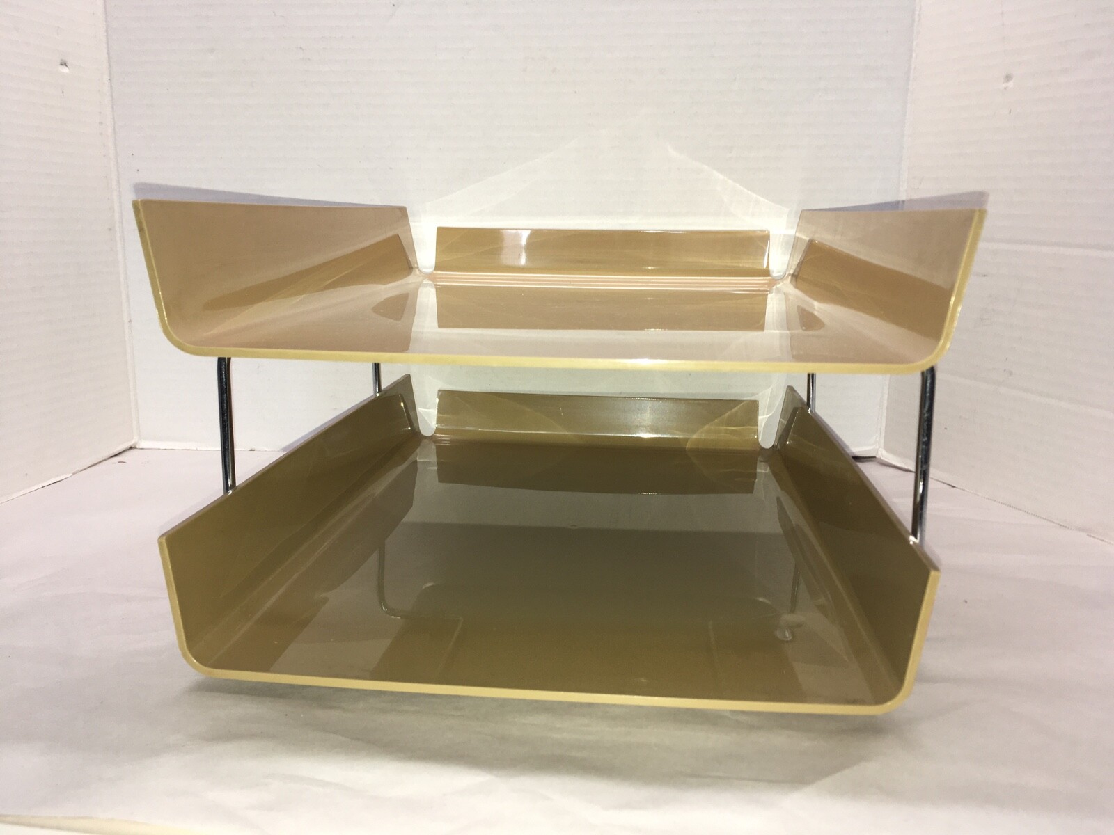 Vtg McDonald Duk-It Beige Plastic Chrome 2-Tier In Out Desk Tray Organizer MCM