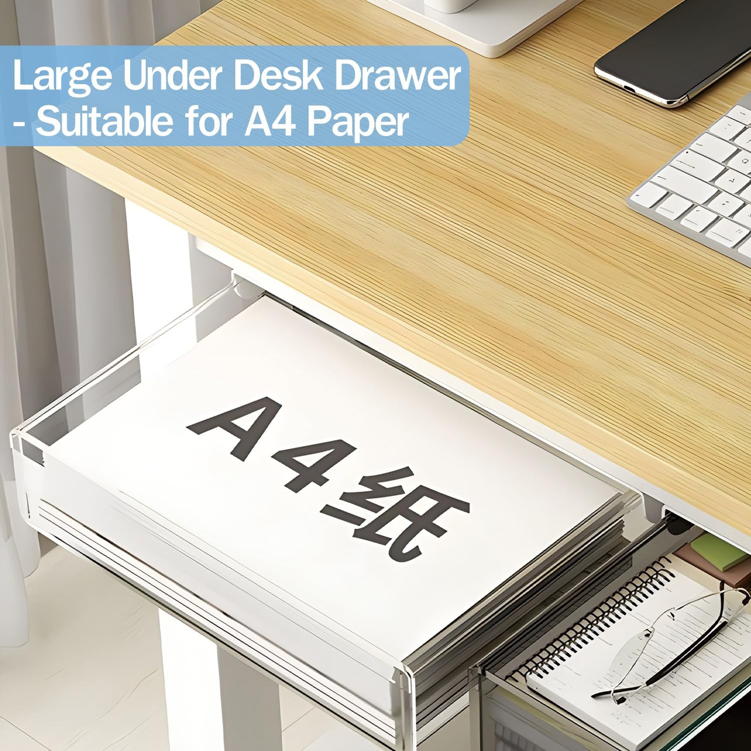 Large Under Desk Table Drawer Storage Organizer A4 Hidden Tray Clear White
