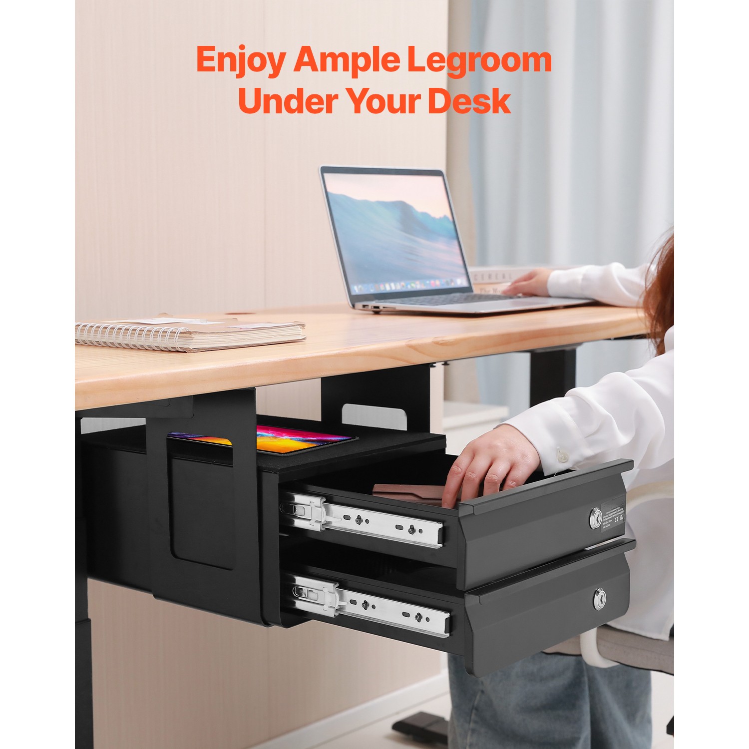 Uimoso 13″ Under Desk Drawer Organizer with 2 Lockable Slide-Out Drawers