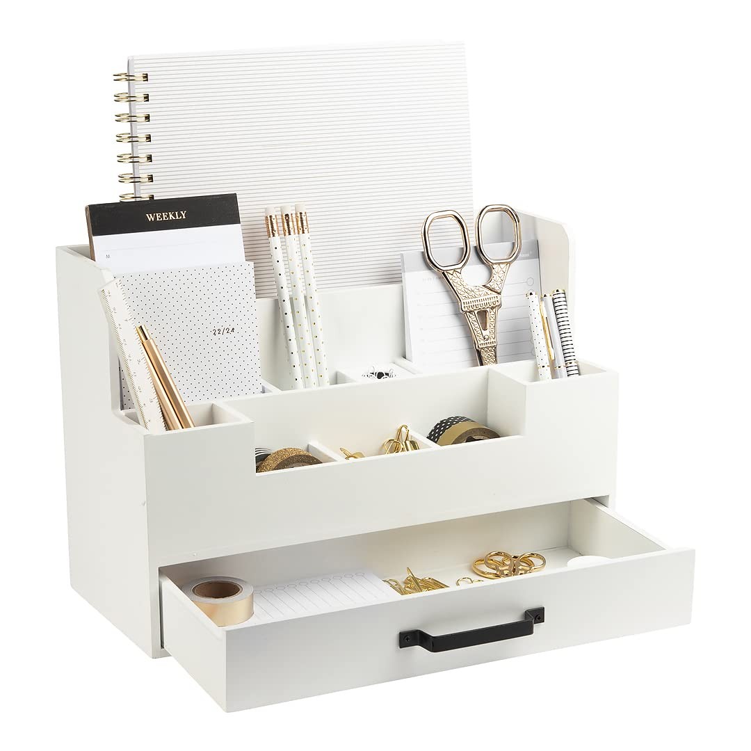 BLU MONACO White Wooden Desk Organizer With Drawer | Desktop Storage With Dra…