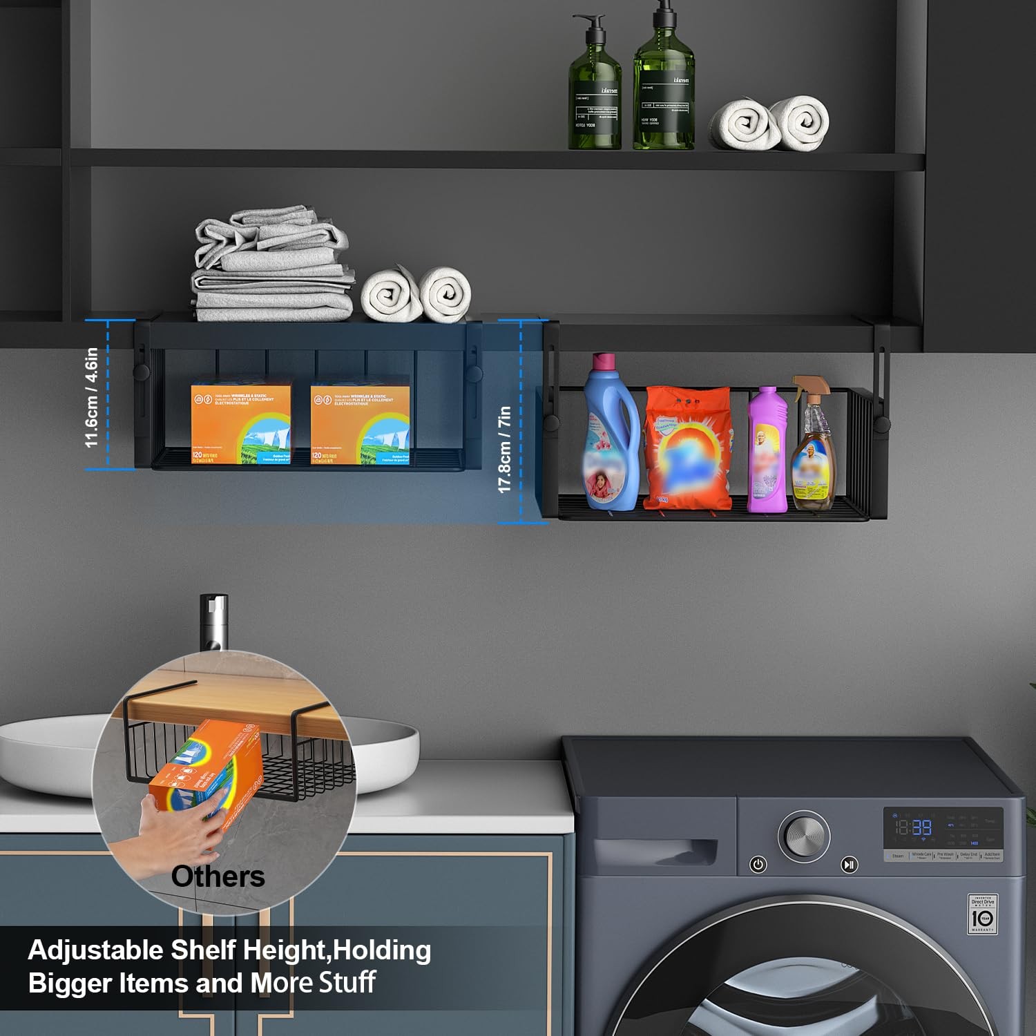 AmonHouseware 2Pack Under Shelf Basket Organizer,Adjustable Large, Black