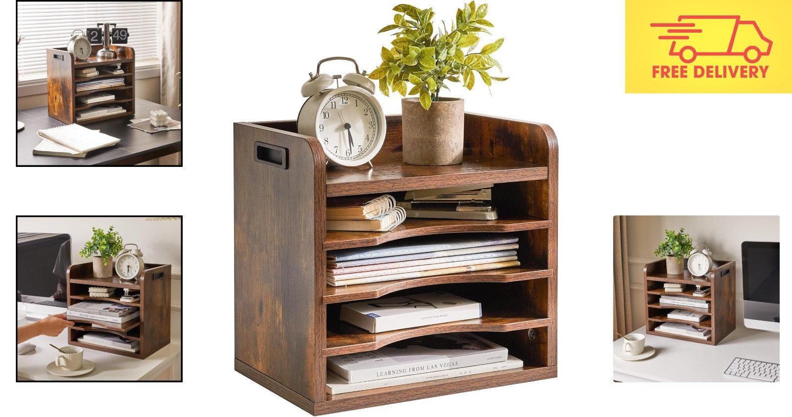 Rustic Brown Adjustable Paper Holder – 5 Tiers with Portable Handle for Offices