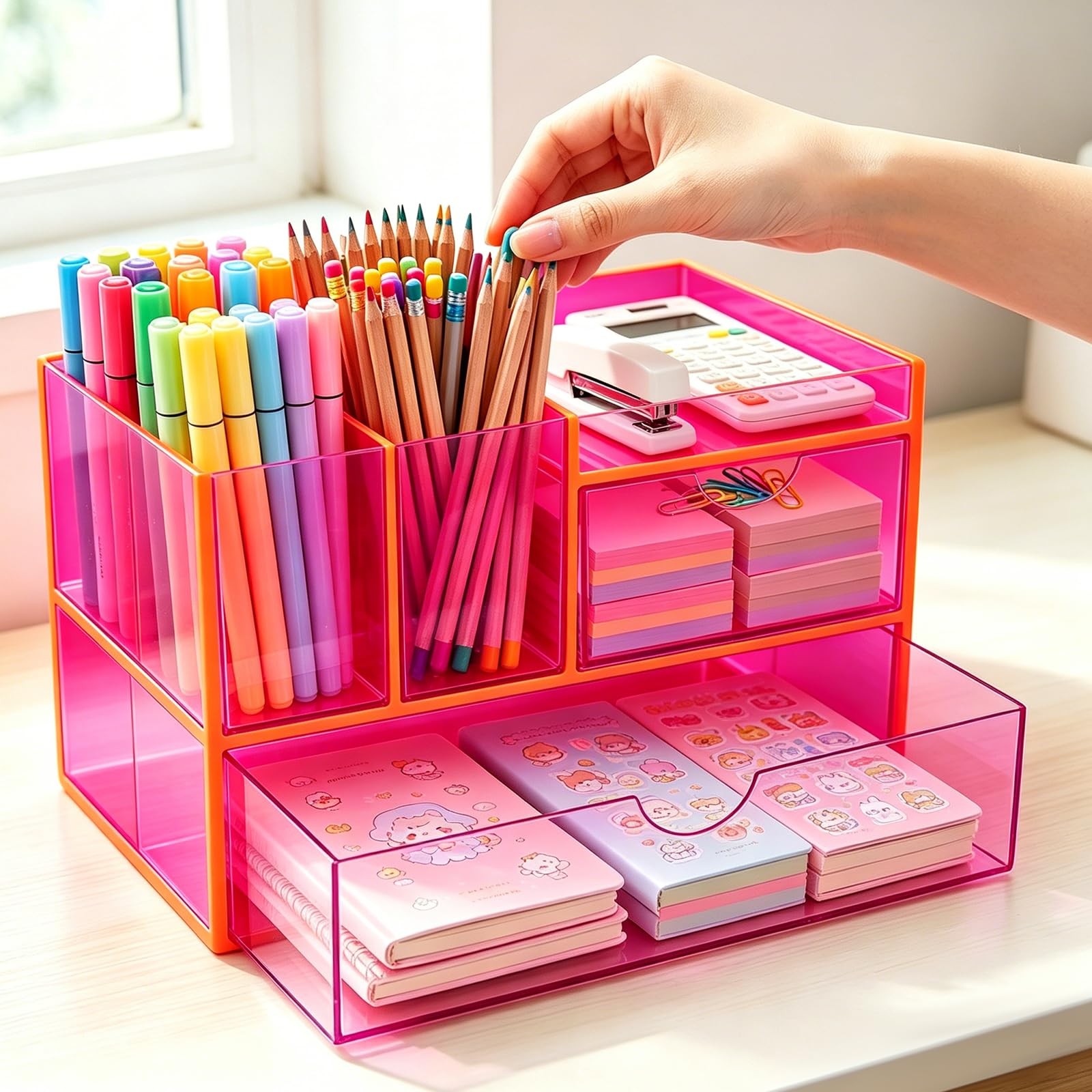 Desk Organizer with Drawers Acrylic Desktop Organizer Pen Holder Caddy for Of…
