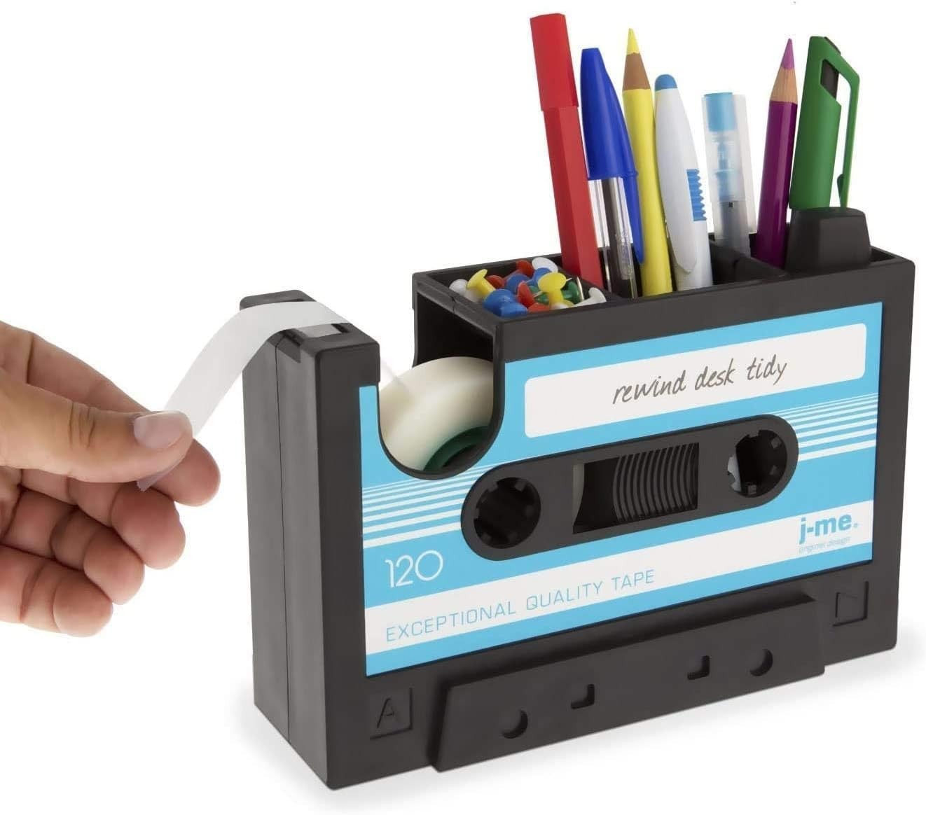 Blue Multifunctional Cassette Tape Dispenser & Pen Holder for Creative Spaces