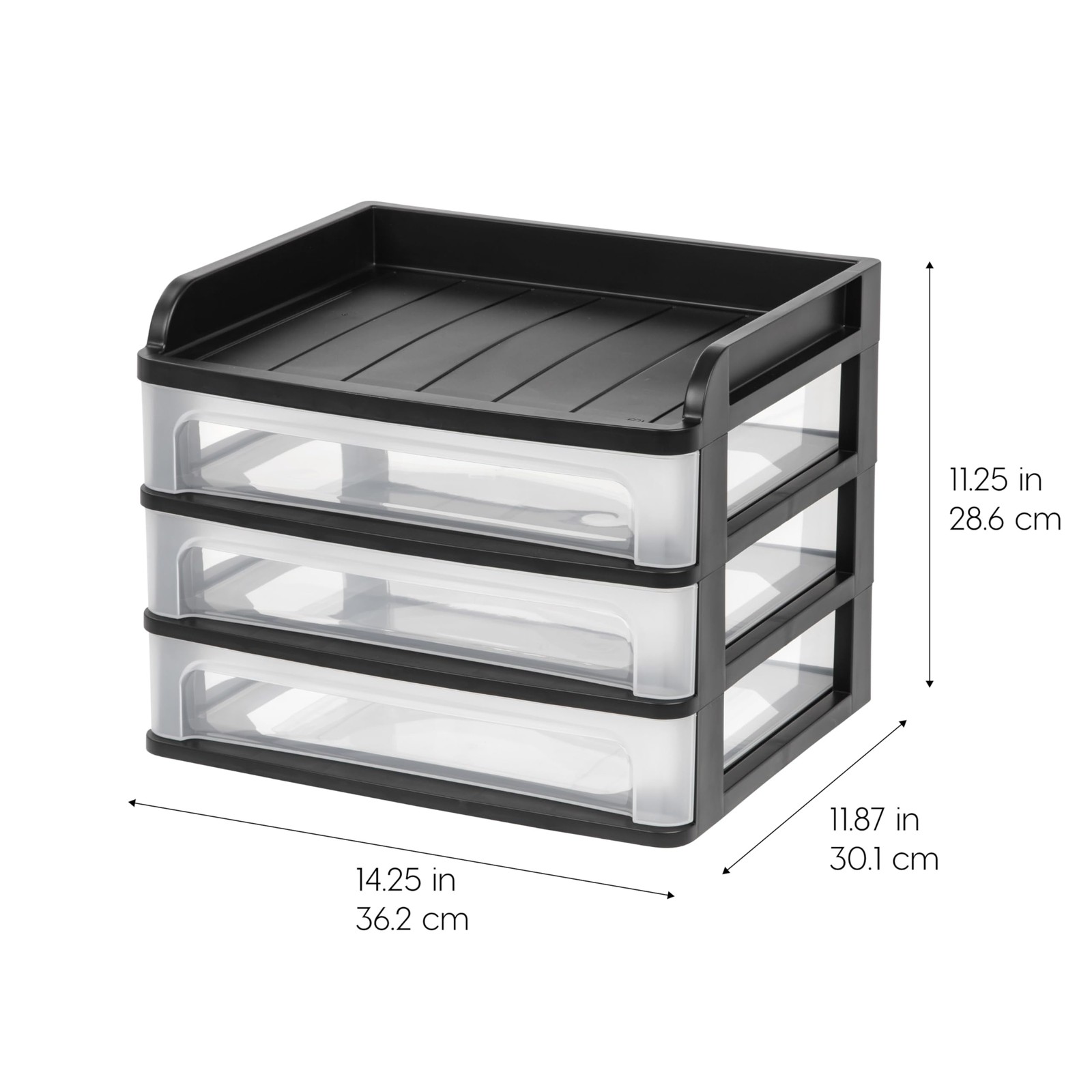 IRIS USA Plastic Desk Top 3-Drawer Storage Organizer with Paper Medium, Black