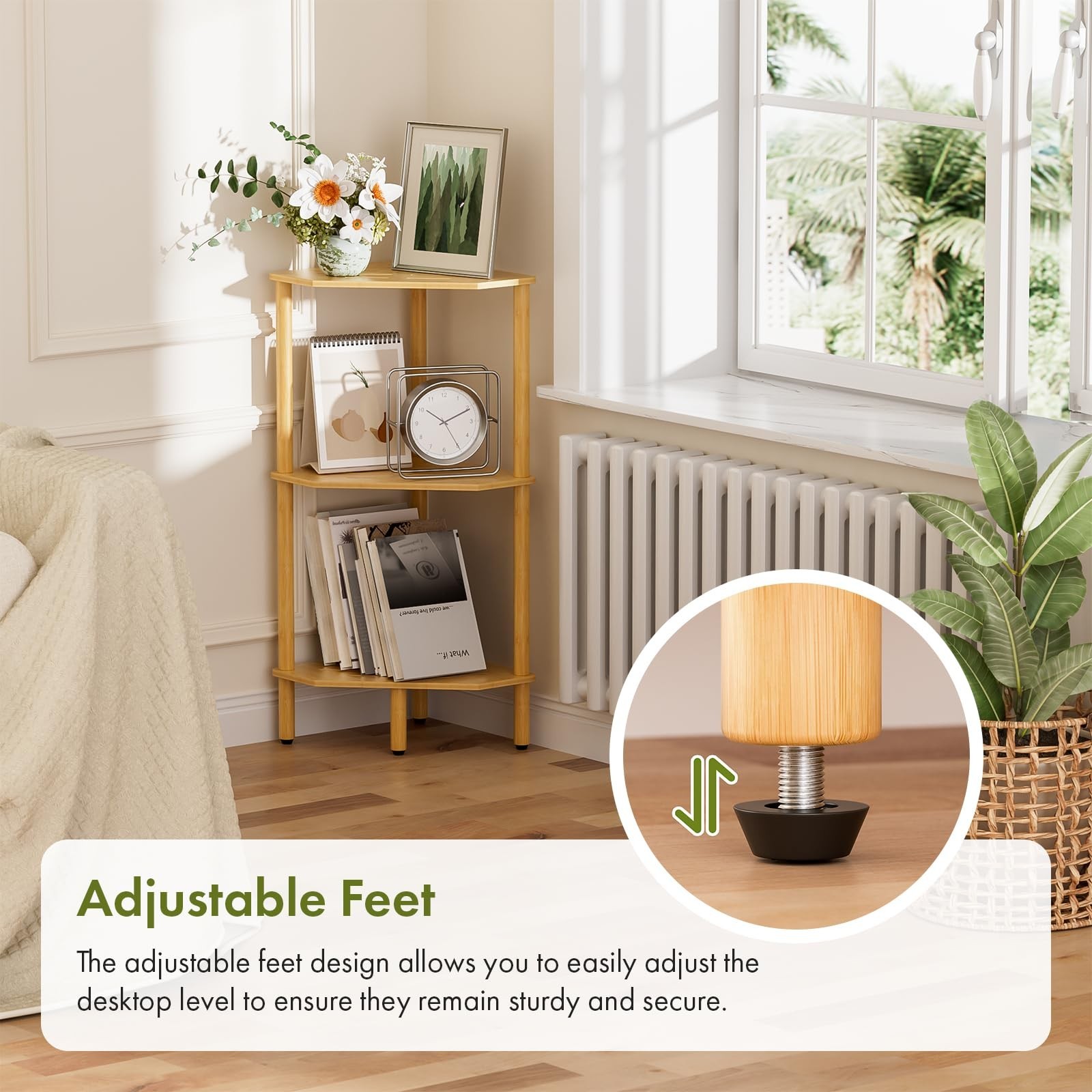 3 Tier Bamboo Corner Shelf, Storage Stand with Adjustable Feet, Small Space C…