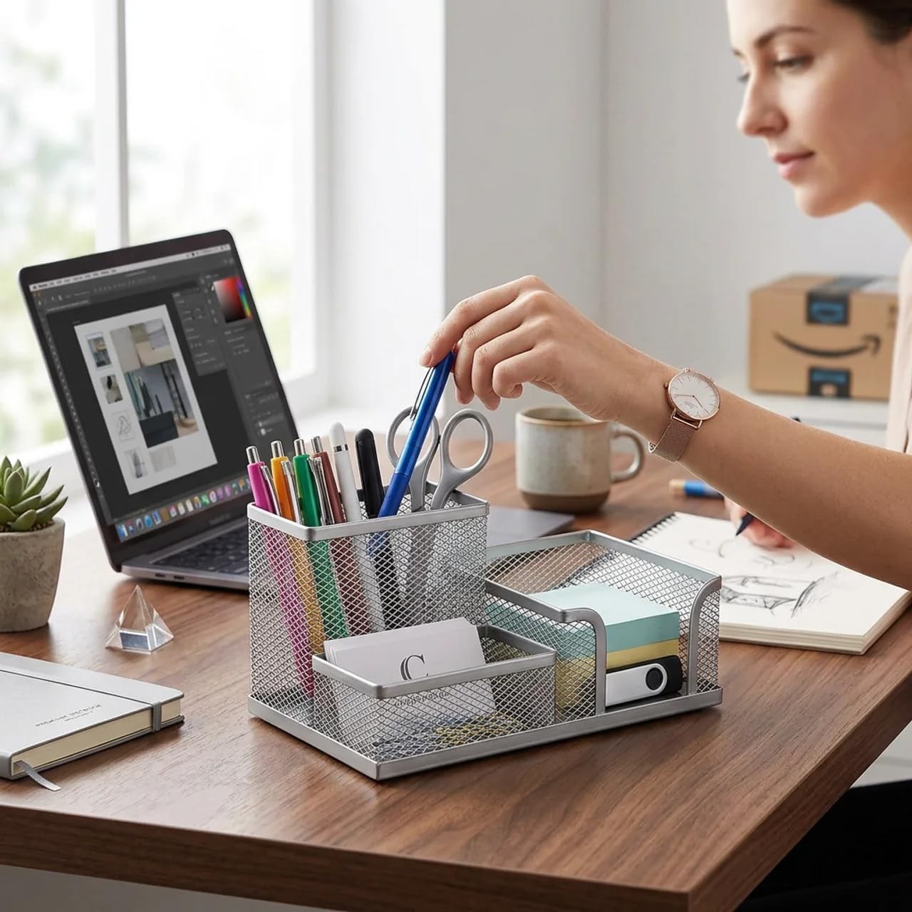 Reflygen Office Grid Desktop Organizer,Three-Compartment Pencil Holder Silver