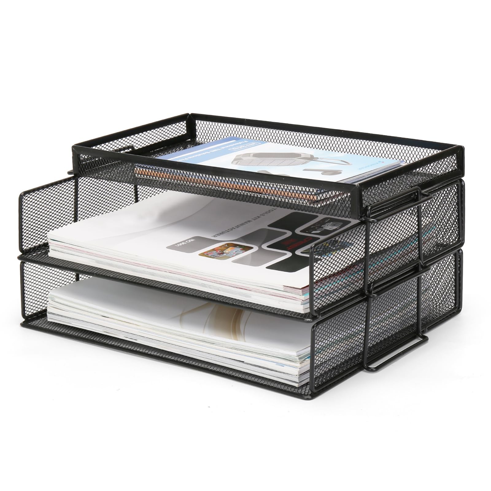 OUTFANDIA Office Drawer Organizer, 2 Tiers Stackable Paper Tray Black