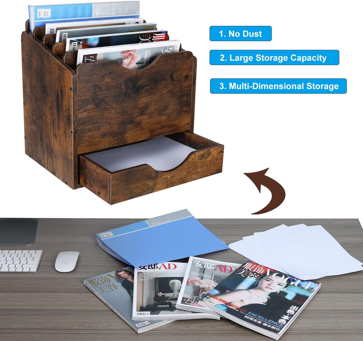 Wood Desktop File Holder Organizer Mail Sorter with Drawer, for File Folders, Ma