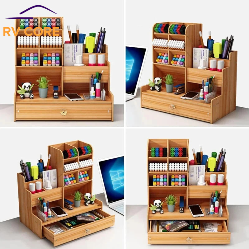 Wooden Desk Organiser — DIY Desktop Tidy, Large Pen Holder with Drawer Home/Off