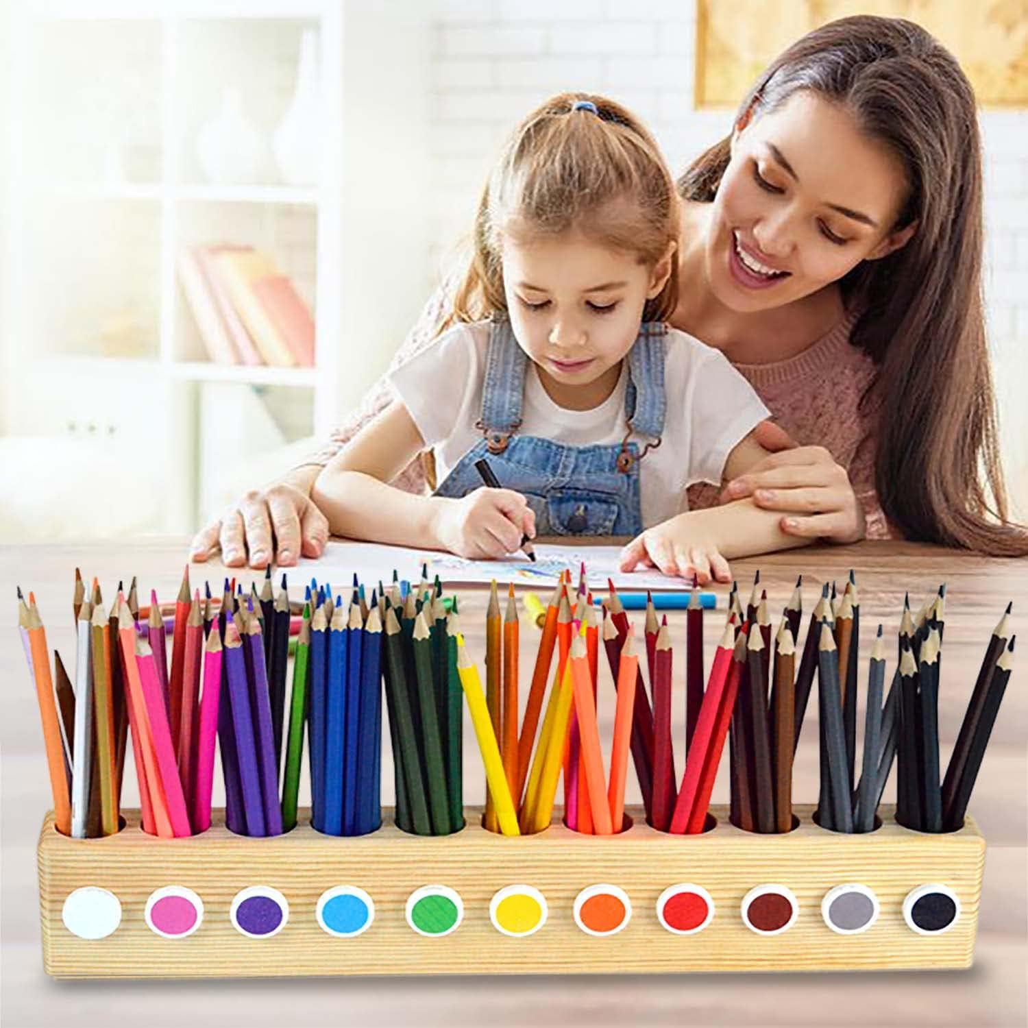 Desk Wood Colored Pen Pencil Holder, Solid Wooden Pencils Organizer Storage for