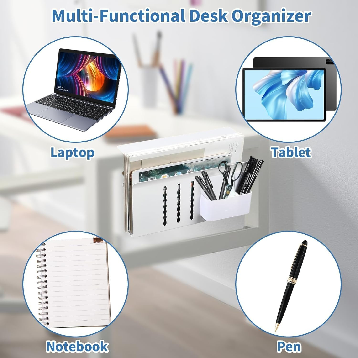 Desk Side Storage Organizer, Under Desk Laptop Holder with Magnetic Pen Holder,