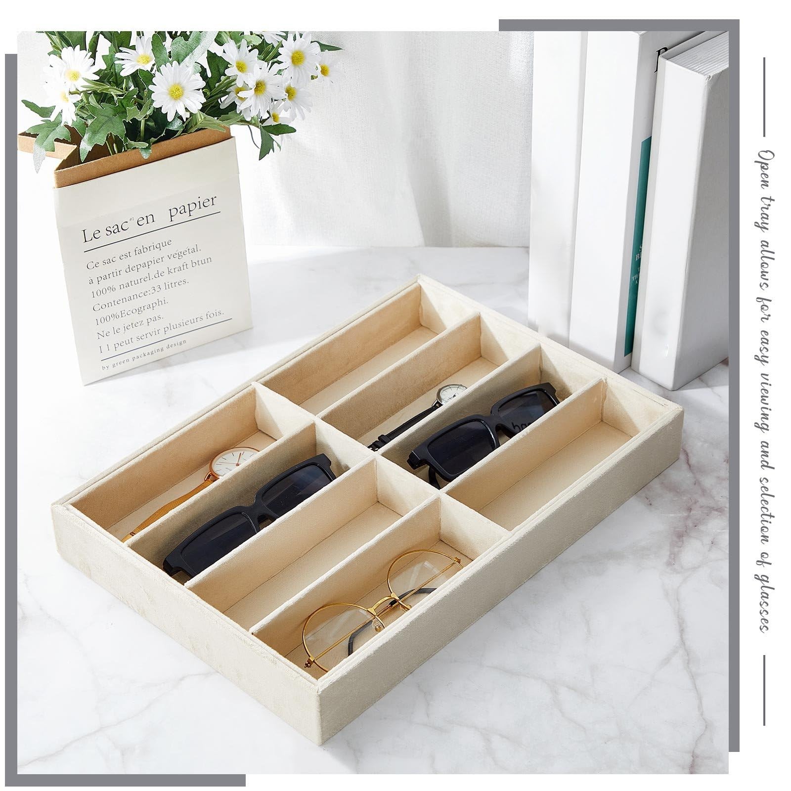 Amylove 4 Pcs Beige Sunglass Organizer Trays 8 Grids Velvet 8 Grids,
