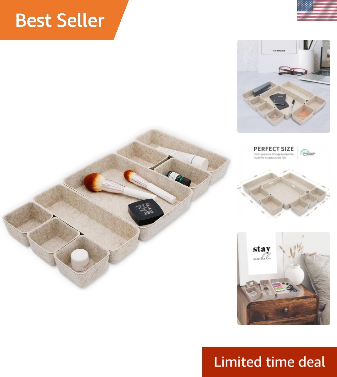 Desk Drawer Organizer Tray, 8-Piece Beige Office Storage, Nordic Minimalist L…