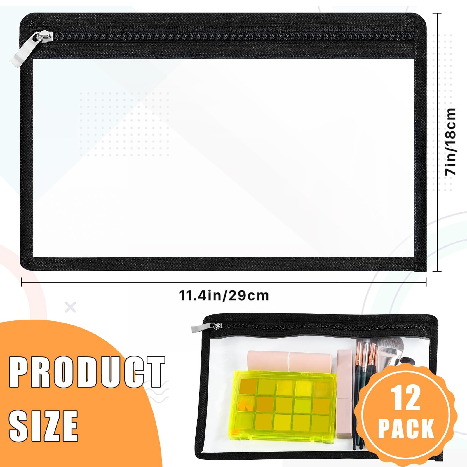 12 PCS Clear Zipper Pouches Black Edging Document File Bags 13×10.5 Inch