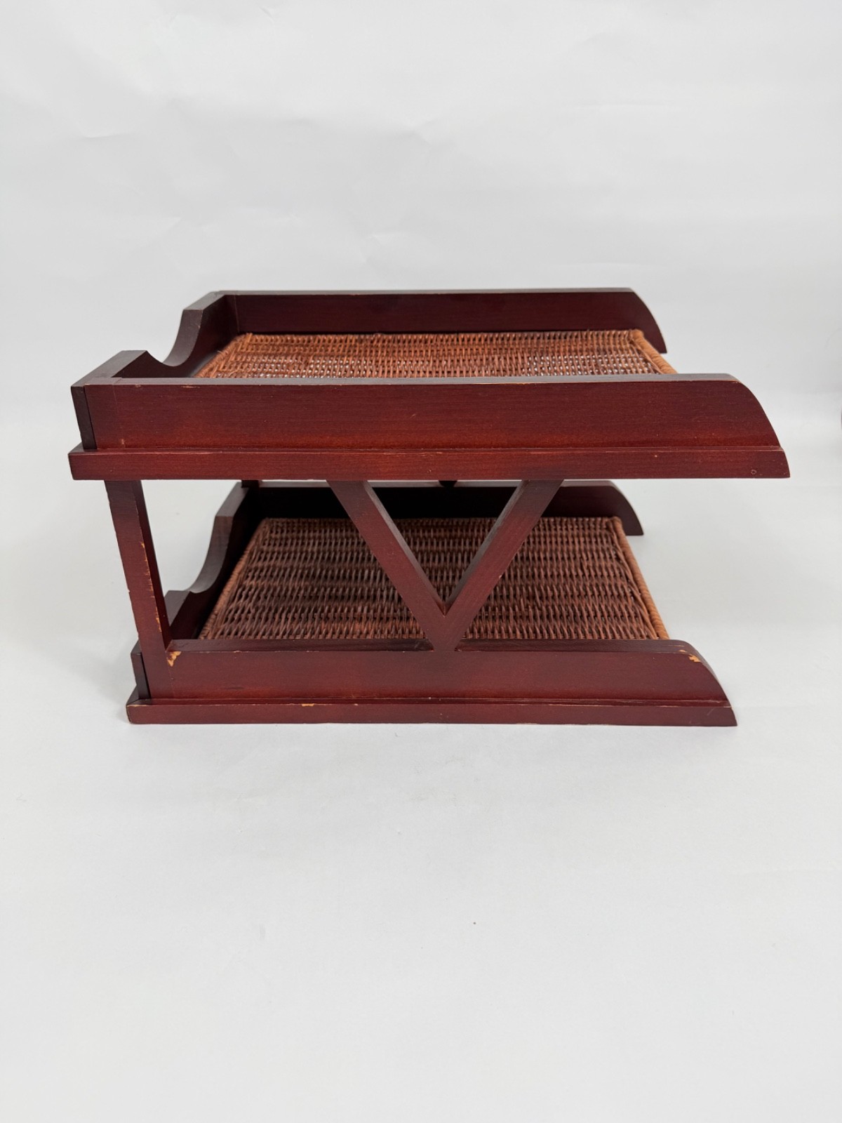 VTG Two Tier Woven Rattan Desk Letter Tray Dark Wood Desk File Organizer READ
