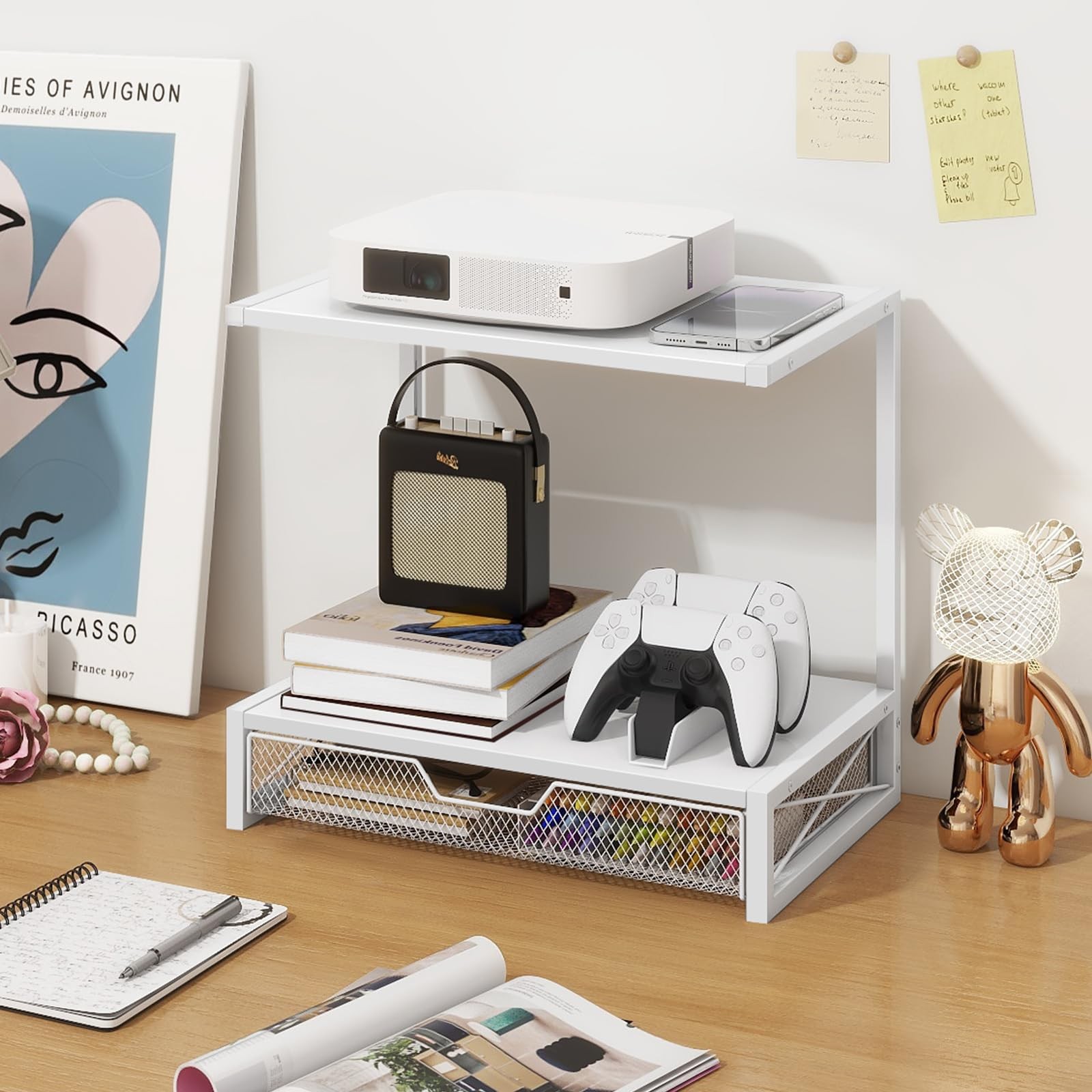 ELITEROO Printer Stand for Desk with Storage Drawer, 2 Tier White Drawer