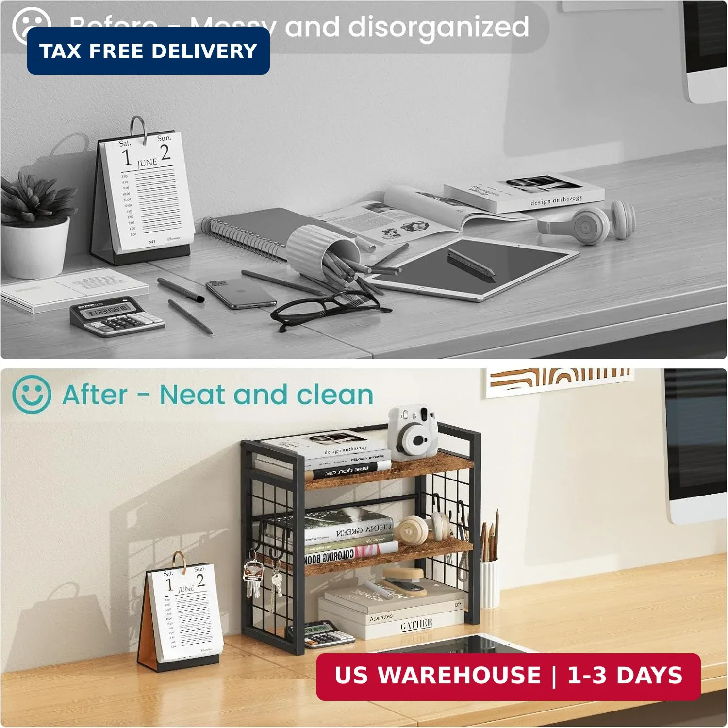 ELITEROO Desktop Shelf Organizer, 2 Tier Wood Desk Bookshelf, Desk Top Storage R
