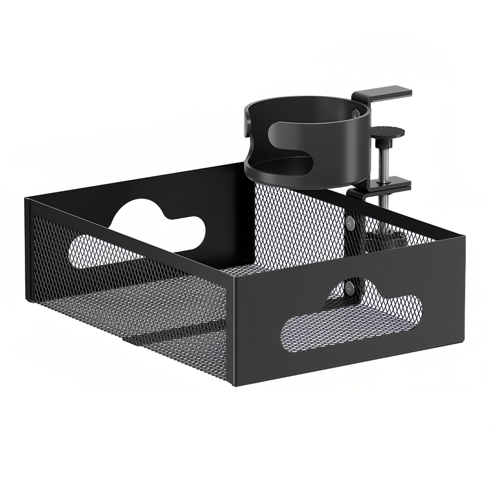 Cup Holder Under Desk Drawer 360 Swivel C-Clamp Mounting Mesh Storage Box