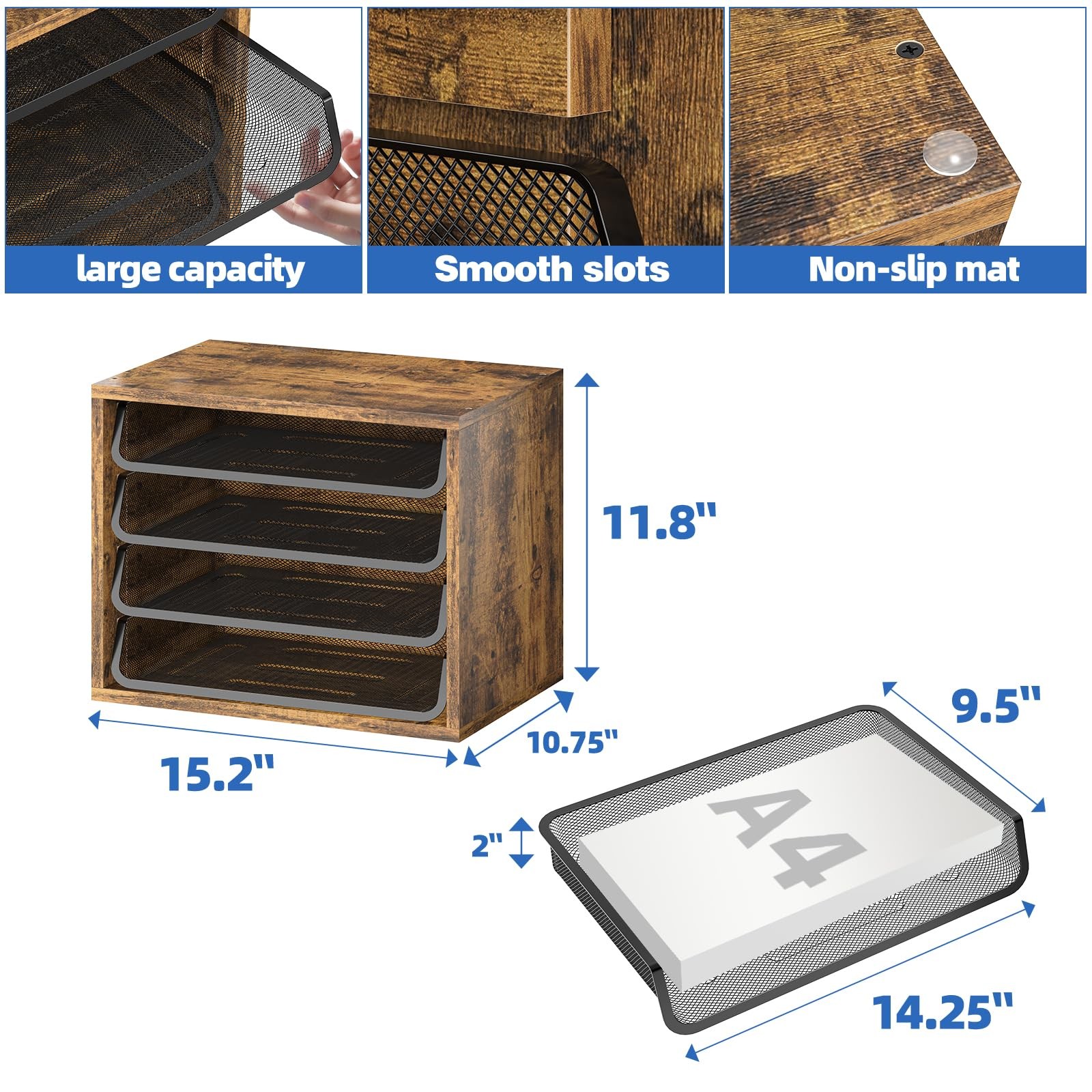 4~Tier Wooden Desk File Organizer with Letter Tray, Rustic Brown